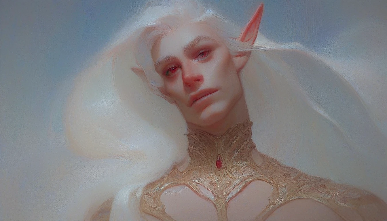 score_9, score_8_up, score_7_up, angled view from below, hyperdetailed, absurdres, highres, male elf with very long white hair, high cheekbones, beautiful face, scarlet clothes, exquisite clothes, close to face, portrait, oil painting