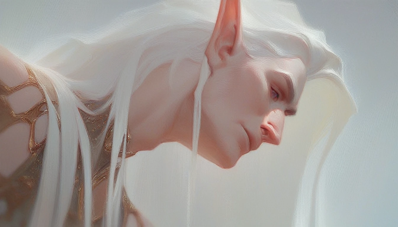 score_9, score_8_up, score_7_up, angled view from below, hyperdetailed, absurdres, highres, male elf with very long white hair, high cheekbones, beautiful face, scarlet clothes, exquisite clothes, close to face, portrait, oil painting