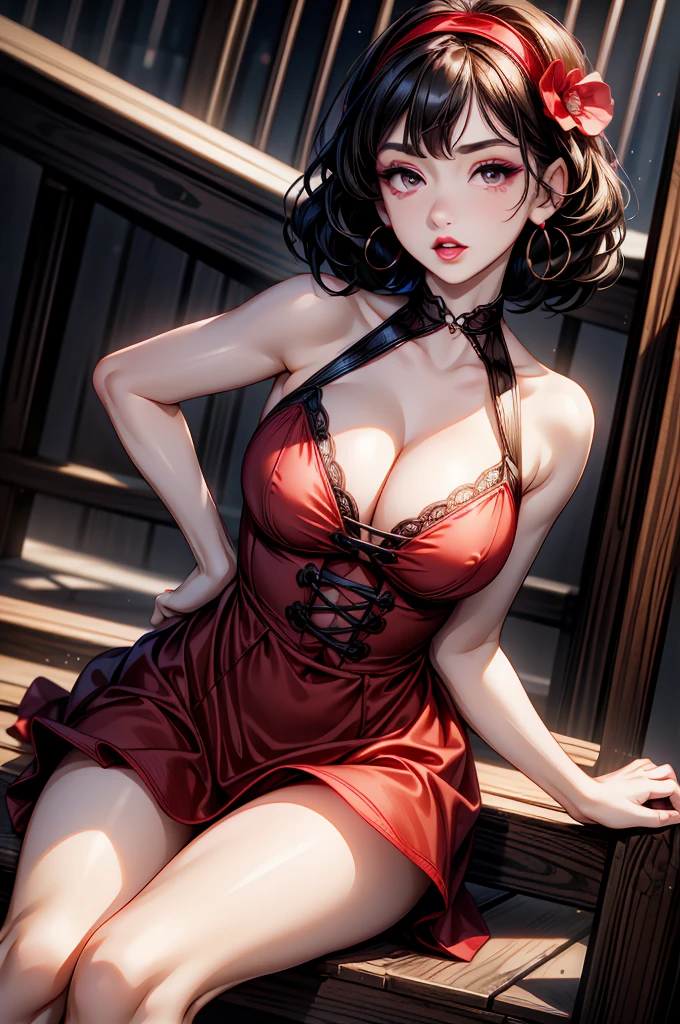 (8K HDR photorealistic pic), Betty Boop, short, althetic, curvy lady, ((tight little red dress)), dark eyebrows, black lipstick, (hoop earrings), dark eyeshadow, black lipstick, curvy, busty, (curly short black hair), shortstack, (retroussé breasts), darling figure, (supple pouting breasts), firm thighs, hourglass figure, kerchief, big brown eyes, dancing seductively