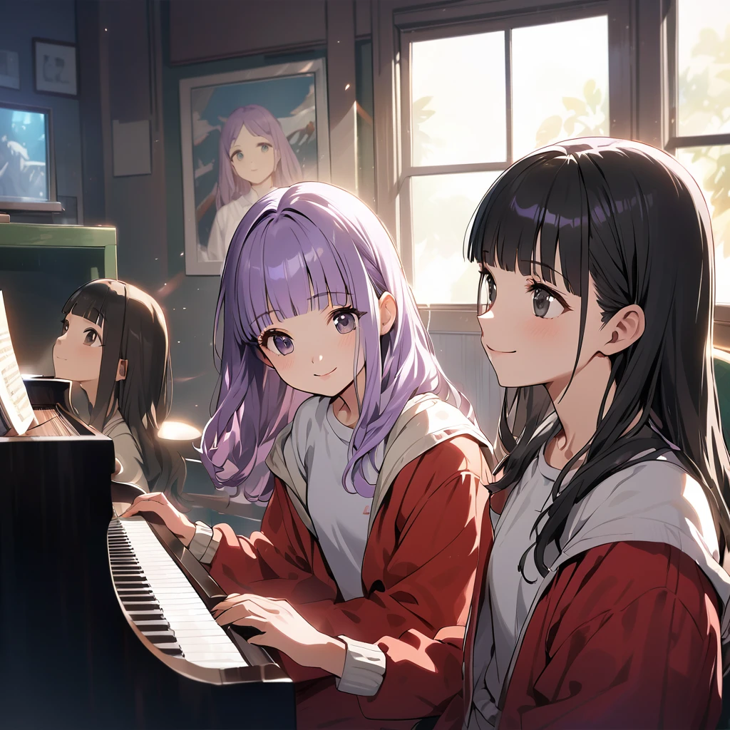 (Cute a girl:1.5), (A girl in a white T-shirt and red tracksuit practices vocal training next to a trainer playing the piano.:1.1),(masterpiece:1.3), anime visual,  (Lovey-dovey:1.5), (tilt head:1.3), extremely delicate face, realistic lighting and shading, (an extremely delicate and beautiful art:1.3),,smiling,(pale purple wavy and blunt bangs hair,green and black eyes:1.5),night lit,Outside the window, it was already dark. It was late at night in the music studio,