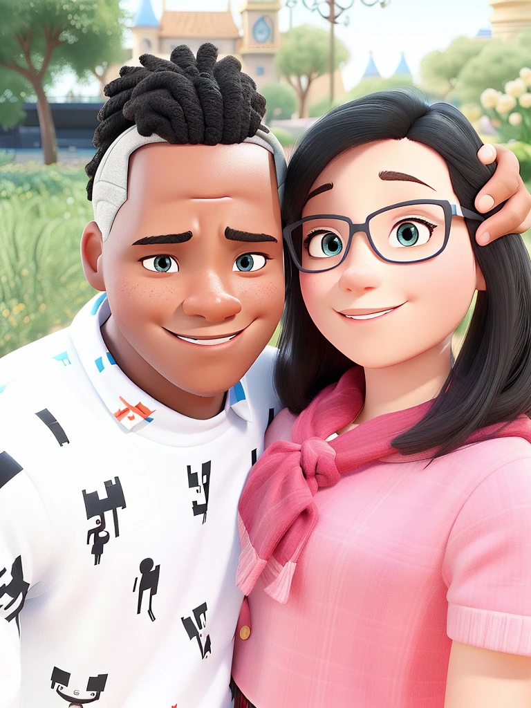 A white woman and a black man in Disney Pixar style, high qualiy, best qualityer