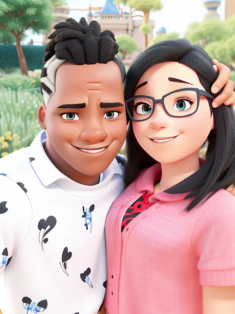 A white woman and a black man in Disney Pixar style, high qualiy, best qualityer