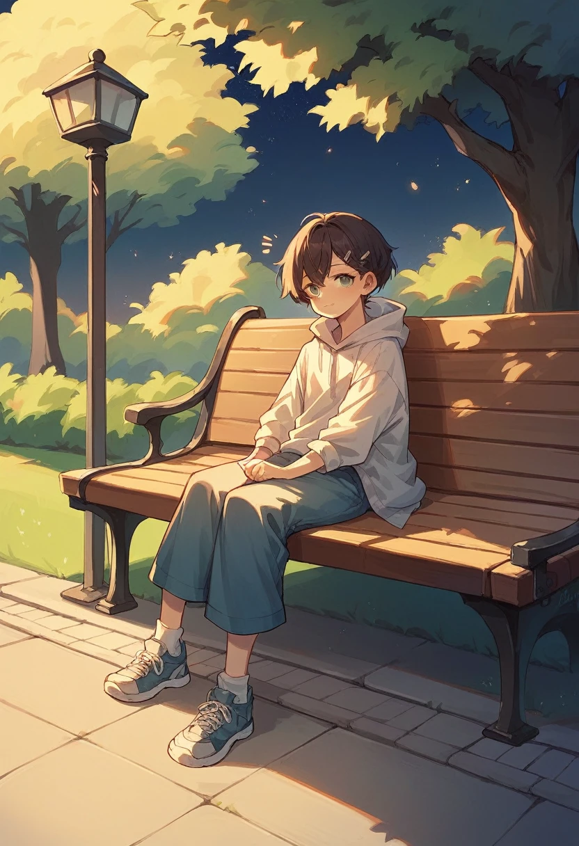 This person is sitting on a bench in a park late at night