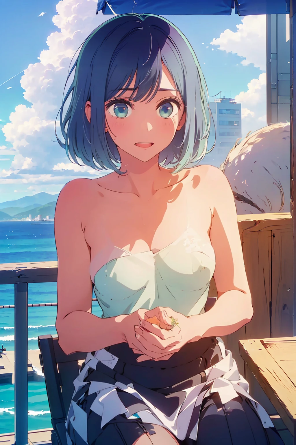 (Highest quality:1.4、8K:1.4、detailed)、F cup bust、Big Breasts、Slim body、Very white beautiful skin、((((1 person、Surprised expression、sit、Chair、In the background are the urban buildings of Tokyo、looking at the camera、Outdoor café terrace、coastal、Navy hair color、juice、Shooting up close、table、Very cute face))))、((((nude、Areola))))、(One hand touching cheek pose:1.4)、Nipples、Very blue sky、A completely cloudless sky