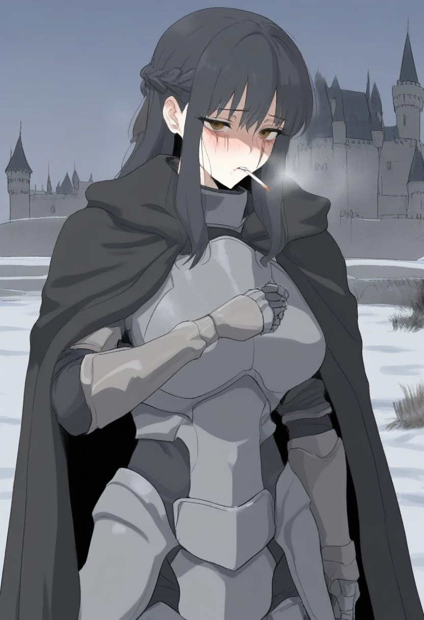 (masterpiece, best quality:1.2) {{Artist: sincos)}} 1woman, solo, sfw, clothed, french braid, long hair, tall, black hair, golden eyes, empty eyes, cold eyes, scar, black cloak, cape, black cape, castle background, cigarette in mouth, cold expression, wearing armor.