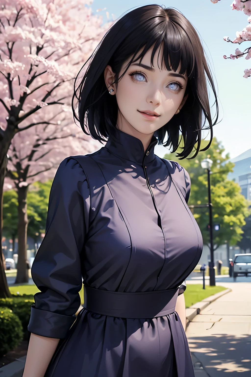 (best quality,4k,8k,highres,masterpiece:1.2),ultr
a-detailed,realistic,photorealistic:1.37,detailed
eyes,beautiful detailed lips, pale, hinata hyuga from Naruto  wearing dark blue dress, perfect figure, attractive rounded breasts, smiling, puffy lips, posing in sunshine, outdoor ,dark blue dress, cherry blossom trees, green trees, sakura falling, in the park, short 2 block light brown haired girl, realistic hands, realistic hair, realistic nose, realistic lips, giving flying kiss, correct hands