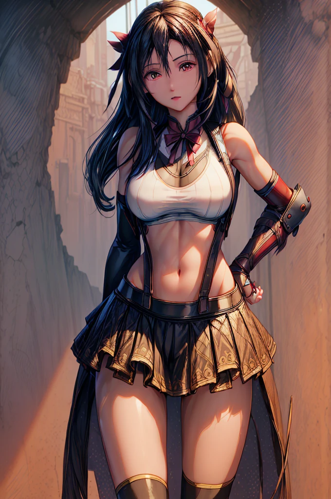 (masterpiece, best quality:1.2), (detailed face and eyes:1.1), Tifa Lockhart, (mature woman), muscular, athletic, cheerful, gorgeous heart-shaped face, toned body, hourglass figure (massive breasts), long dark hair tied with ribbon at the end, ((Aerith costume)), realistic, seductive, red eyes