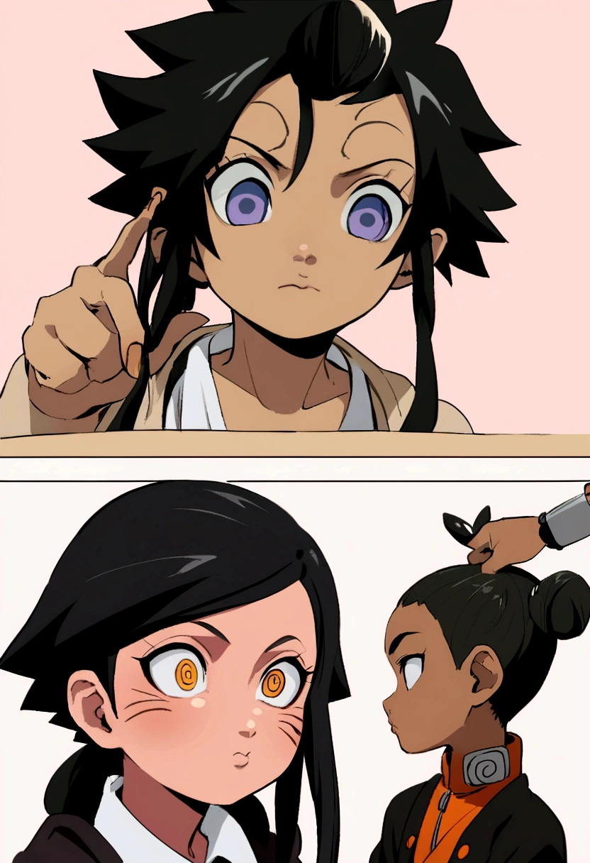 Naruto manga eslito, a girl with long loose black hair with bangs (Hinata's hair style) eyes black, mamga naruto drawing, focus on the eyes/muka, 12 year old girl,