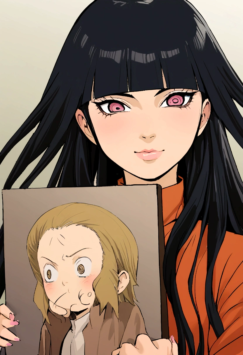 Naruto manga eslito, a girl with long loose black hair with bangs (Hinata's hair style) eyes black, mamga naruto drawing, focus on the eyes/muka, 12 year old girl,