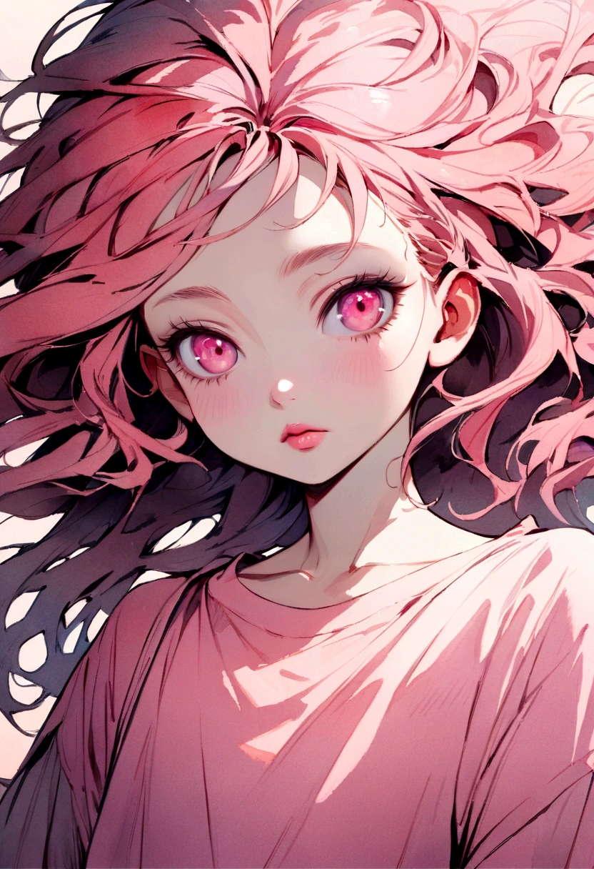 (masterpiece),(best quality:1.1),(ultra-detailed),best illustration,finely detail,(portrait:1.1),(intense close-up),watercolor drawing)floating,1girl,solo,13 years old,slim,(extremely delicate and beautiful face),(detailed pink eyes),pink thick lips,(disheveled hair),(wearing a baggy T-shirt),soft and lazy,(simple background:1.2)whole colored background,clear,4K