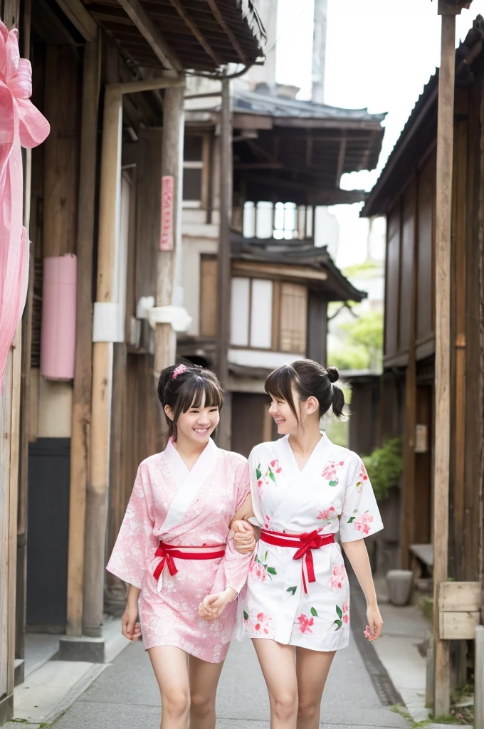 2 girls walking in old-Japanese street,floral white yukata with pink obi,18-year-old,bangs,a little smile,thighs,knees,short hair and low pigtails with red ribbon bow,from before,front light