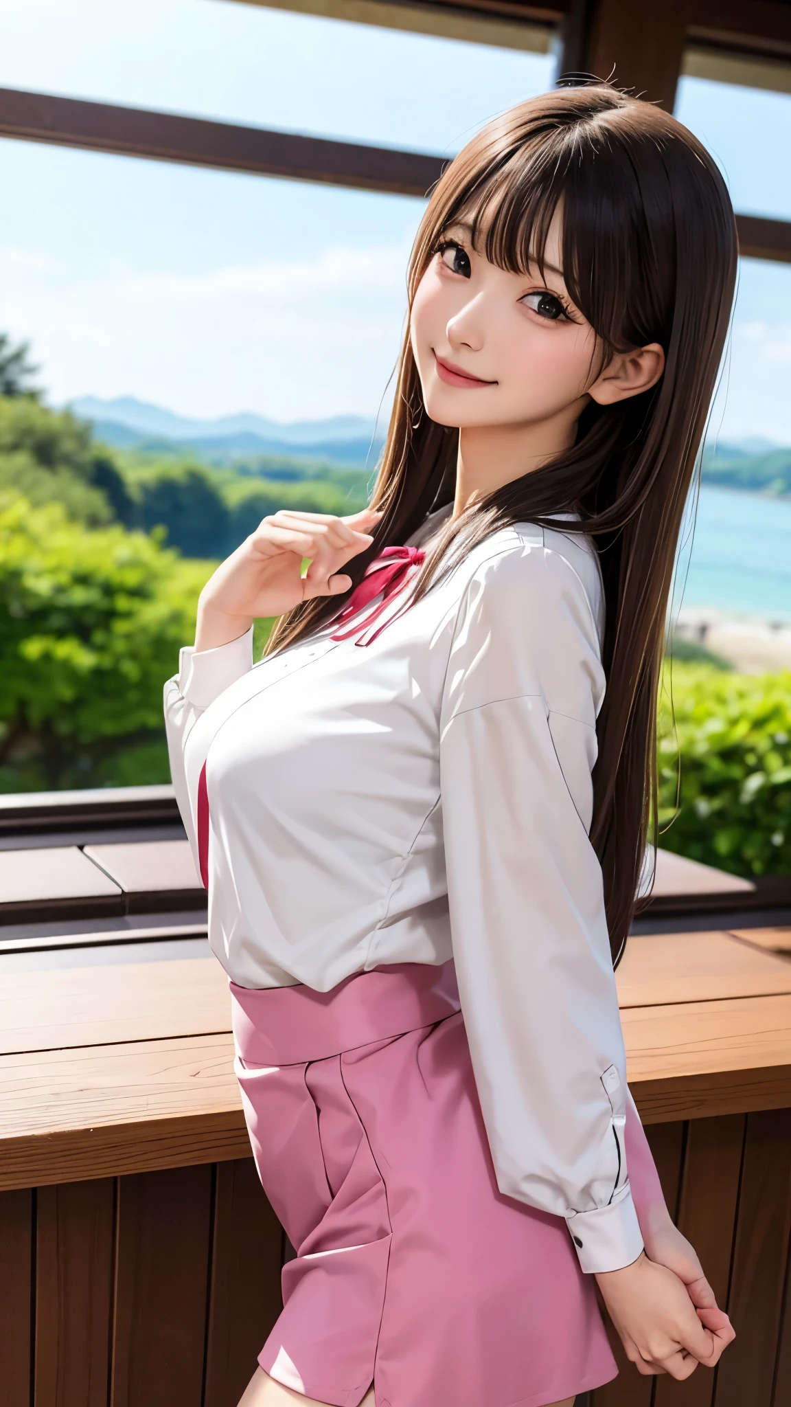 masterpiece,best quality,ultra-detailed,1girl, blouse,miniskirt,(heyapanel), finger to far,blush,from side upper body, lovehotel, reception,scenery,japan