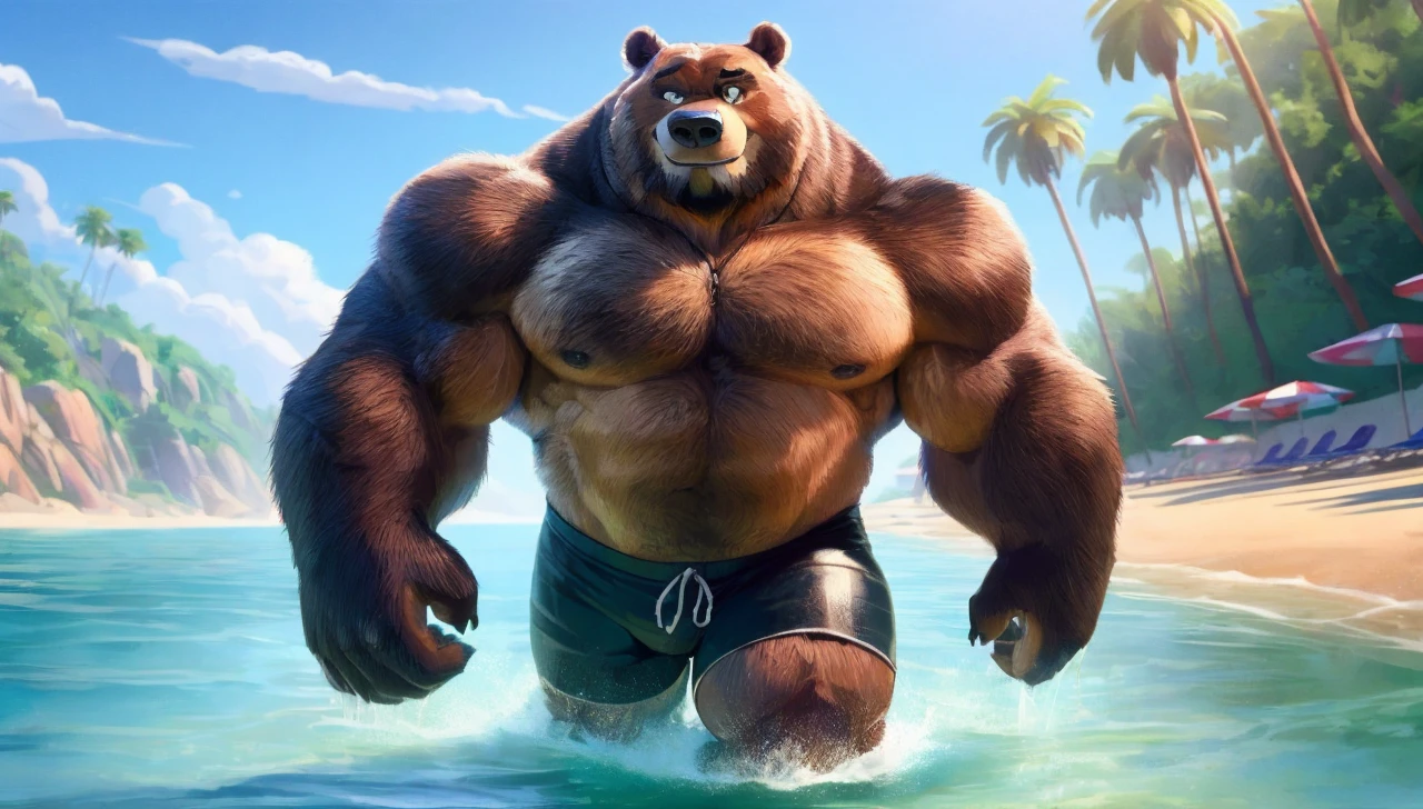 solo, 1boy, Huge Muscular Old Grizzly Bear wearing glasses , pectoral, huge pectoral, wide pectoral, brown fur, short white hair, short black competitive briefs, wristbands and shirtless topless, bearded, Mustache, muscle beach background, masterpiece, high detailed, 8k, high resolution, at the muscle beach working out his chests on the cable crossover, machine carrying over 100lbs and 45kgs stacks of heavy weights, pulling the wires, pumping it up chest