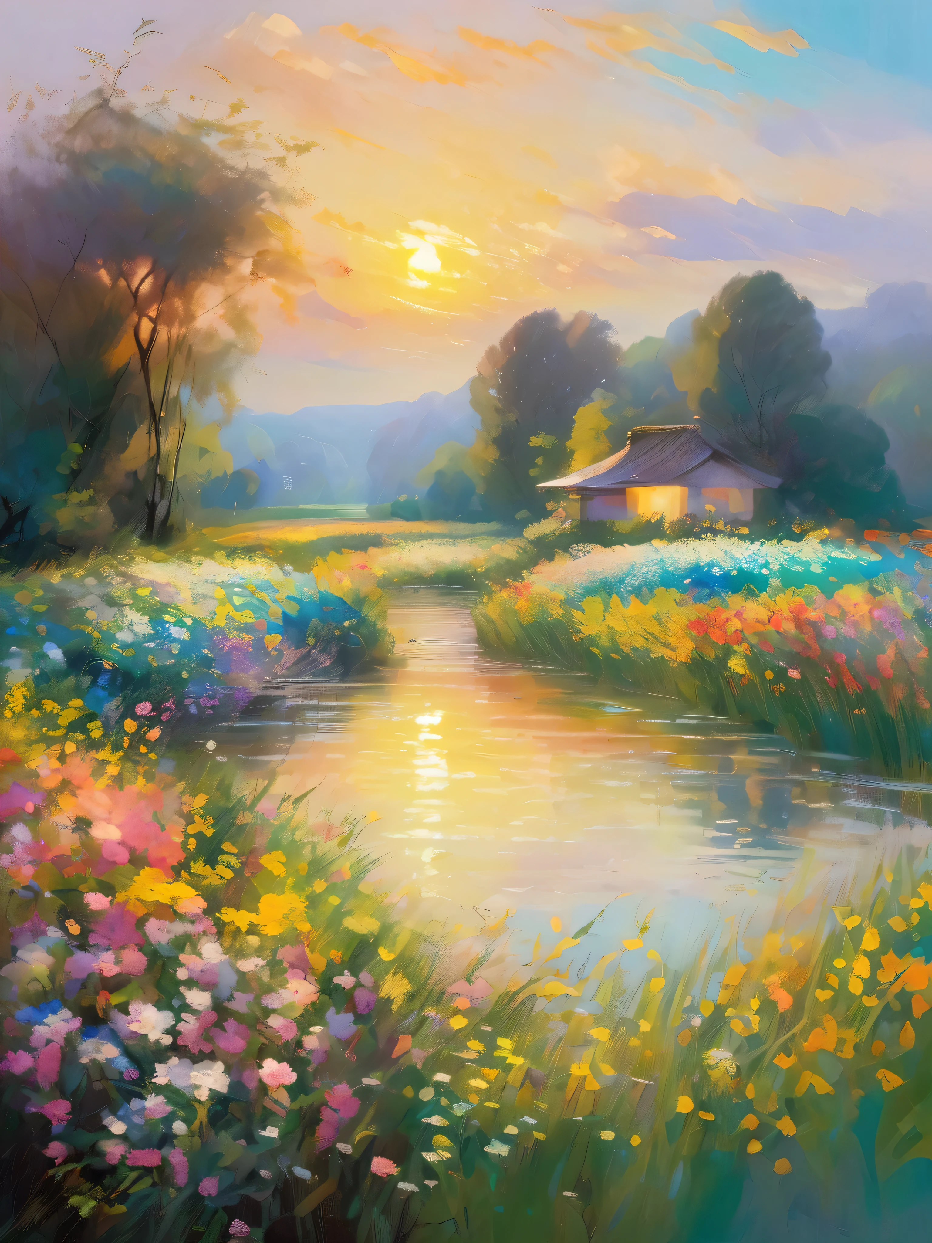 (highest quality、4K、8K、High resolution、masterpiece:1.2)、Super detailed、Real、Inspired by Monet、Impressionist masterpiece、oil、Beautiful detailed brushwork、Colorful flowers、Breathtaking landscapes、Peaceful garden scene、wood々Sunlight shining through、Reflection of rippling water、Subtle pastel colors、Vibrant wildflowers、Dreamy atmosphere、Soft and elegant atmosphere、Lush greenery、Subtle color gradients、Impressionist Texture、A subtle play of light and shadow、Impression of movement and spontaneity、Peaceful and serene、An impression of tranquility and harmony、The beauty of painting、Impressionist Techniques、Ethereal and seductive、Impressionist interpretation of nature、A harmonious composition、Impressionist brushstrokes、Genuine impressionist style、Emotional and vibrant、Wonderfully poetic、Sublime and atmospheric、Romantic and idyllic、A masterpiece that captures the essence of impressionism。