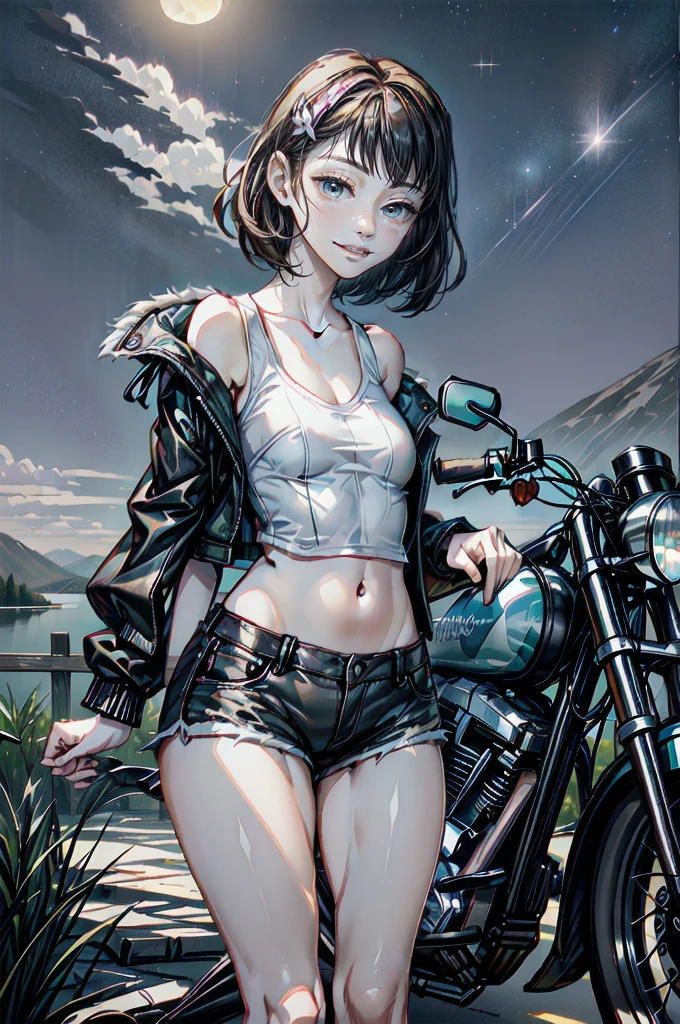 (cowboy shot), (Perfect Anatomy, top-quality、The ultra -The high-definition、high resolution、extremely details CG、8K Unit Wallpapers), mature 20-year-old, solo, Beautiful detailed eyes, black hair, short bob hair, blunt bang, (small breasts, slender body, athletic), gleaming skin, oily skin,( punk fashion, leather jacket, tank top、micro shorts), (drive a motorcycle,Harley-Davidson), on road at night, Starry Sky with Mountains and Lake, Jessica Rossier, Inspired by Jessica Rossier, Jessica Rossier Fantasy Art, Concept Art Magic Highlights, Official Artwork, Dream Painting, Ethereal Realm, Atmospheric artwork, dreamy matte paintings, serene endless stars inspired by Ted Nasmith, moonlit starry environments, epic music album covers.