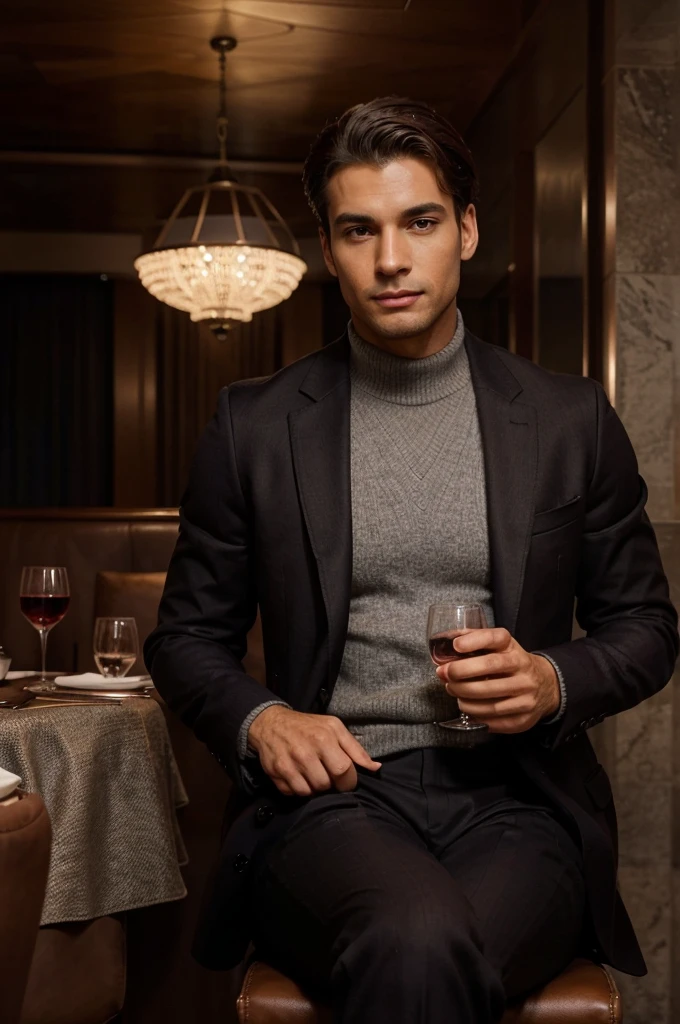 A stylish man, dressed in a dark burgundy wool coat over a light grey cashmere sweater, paired with navy blue tailored trousers and brown leather dress shoes. He is sitting at a high-end restaurant in Rio de Janeiro, with modern decor and an elegantly set table. One side of the image is left clear for text placement. His posture is relaxed yet poised, with a glass of wine in hand and a confident expression. The image should convey sophistication, exclusivity, and the luxurious experience of a Brazilian winter evening.