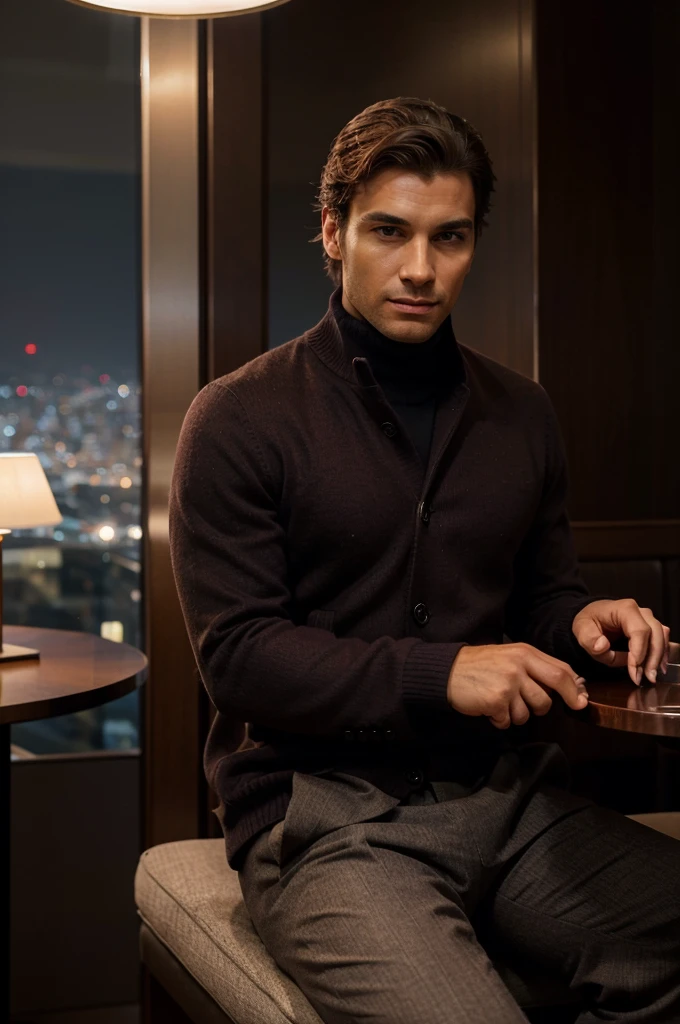 A stylish man, dressed in a dark burgundy wool coat over a light grey cashmere sweater, paired with navy blue tailored trousers and brown leather dress shoes. He is sitting at a high-end restaurant in Rio de Janeiro, with modern decor and an elegantly set table. One side of the image is left clear for text placement. His posture is relaxed yet poised, with a glass of wine in hand and a confident expression. The image should convey sophistication, exclusivity, and the luxurious experience of a Brazilian winter evening.
