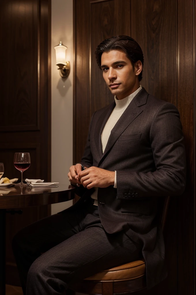 A stylish man, dressed in a dark burgundy wool coat over a light grey cashmere sweater, paired with navy blue tailored trousers and brown leather dress shoes. He is sitting at a high-end restaurant in Rio de Janeiro, with modern decor and an elegantly set table. One side of the image is left clear for text placement. His posture is relaxed yet poised, with a glass of wine in hand and a confident expression. The image should convey sophistication, exclusivity, and the luxurious experience of a Brazilian winter evening.