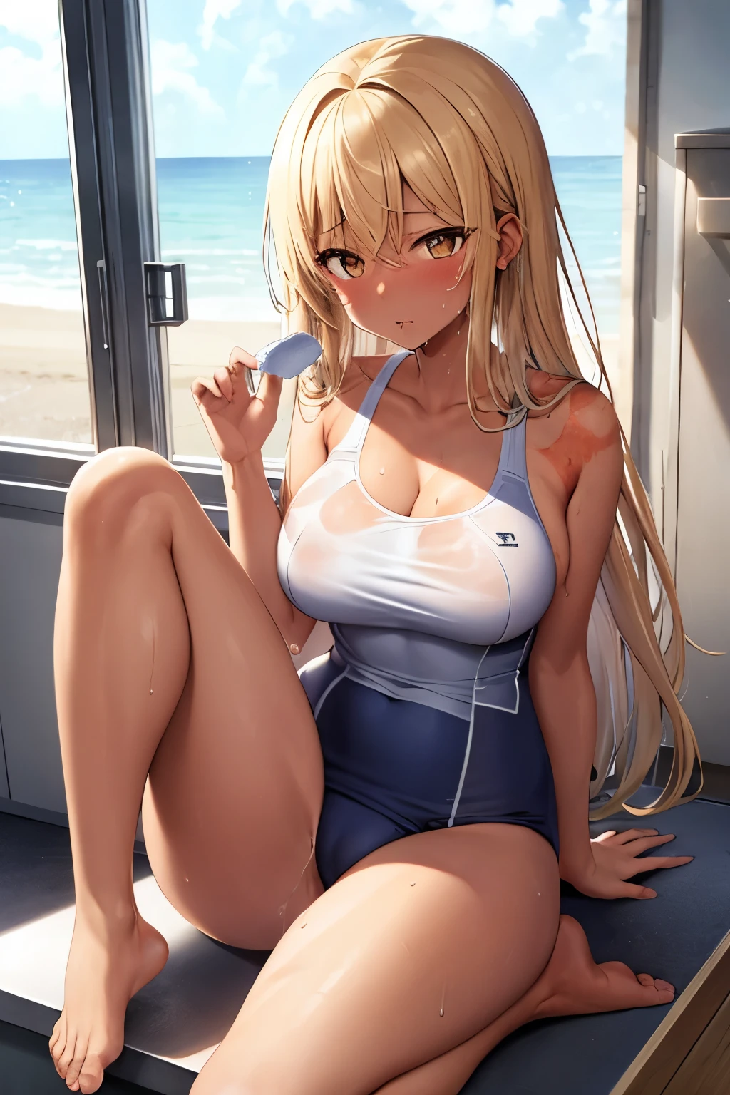 2d，Highest quality，(masterpiece)，(whole body)，Yami-chan，Amber Hair，Berry Berry Long Hair，blonde、(Brown woman)，(Healthy dark skin)，(Sunburn mark)，clavicle，(new school swimwear)，JK，Shining  feet，barefoot，beautiful。Brown Eyes、Attractive thighs、Large Breasts、lockerルーム、locker、Light coming through the window、 look、Large drops of sweat、Wet hair、Drops are dripping from my hair、Towel in right hand、It'； Shortness of breath，Bold Pose