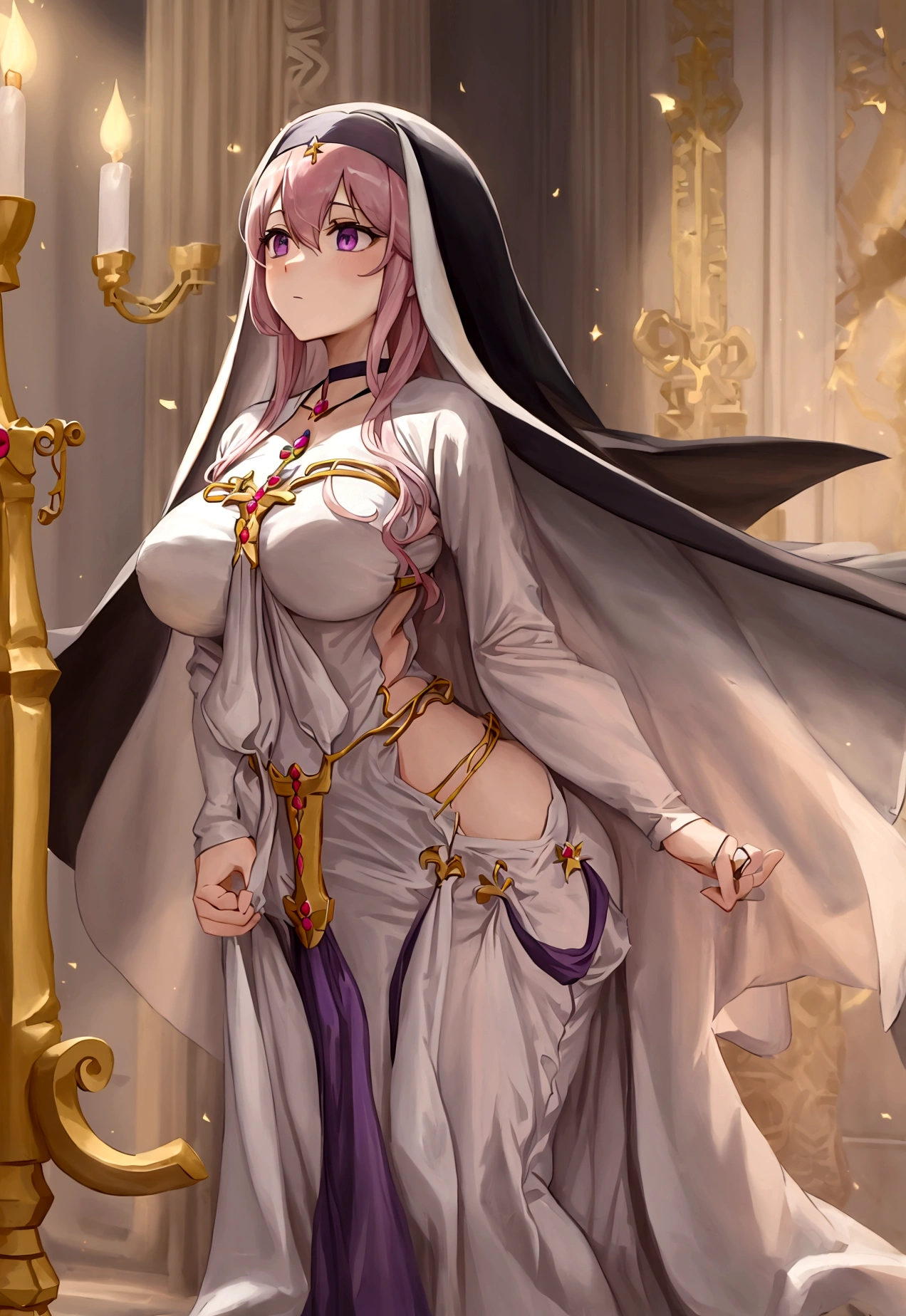 Create a best quality anime style art image of a white woman with long pastel pink hair. She has bangs and purple eyes. She is a nun (nun) dressed in royal clothes in black tones, offwhite, full of golden details. She is praying with a serious expression on her face. The background must be illuminated by a holy light, with light particles floating in the air, to create a serene and spiritual environment.
