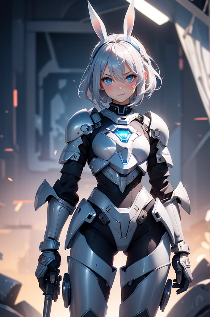 loking at viewer, light smile, blush,, o, cowboy shot, v arms, short silver hair, blue eyes, serious looks. looking at viewer, cowboy shot, solo, silver bunny ears,  lack bodysuit,  gloves, blue boots floating armor, power armor