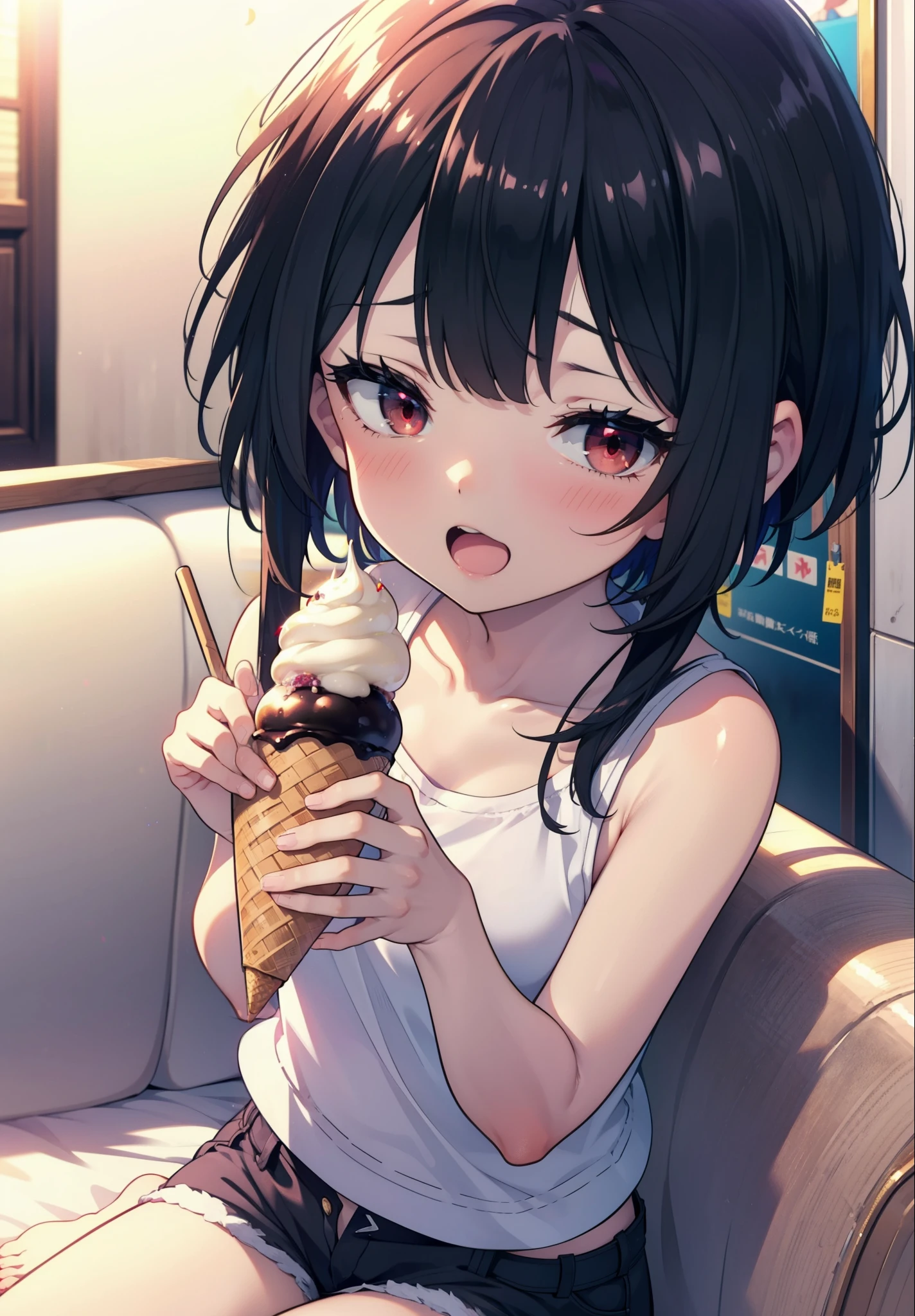 konosubaMegumin, Megumin, short hair, Black Hair, (Red eyes:1.3), short hair with long locks,happy smile, smile, Open your mouth,Tank top shirt with open mouth,Shorts,barefoot,barefoot,Holding and eating ice cream with right hand,Sitting on the sofa,whole bodyがイラストに入るように,morning,morning陽,The sun is rising,
break indoor, room,
break looking at viewer,whole body, (Cowboy Shot:1. 5)
break (masterpiece:1.2), Highest quality, High resolution, unity 8k wallpaper, (figure:0.8), (Beautiful attention to detail:1.6), Highly detailed face, Perfect lighting, Highly detailed CG, (Perfect hands, Perfect Anatomy),