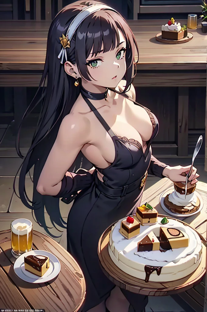 (Small breastss:1.3), (Firm breasts:1.1), (Pointed Chest:1.0), (Pudding cake magazine cover:1.3)，(From above:1.0),(From the side:0.9),masterpiece, One girl, Great cleavage:1.1, Narrow waist, BIG ASS, Raised to be sexy, Small breasts: 1.3, Posing and showing off cleavage:1.2、alone, Open your mouth, cute beer glass cute grass,Black Hair, Dark green eyes, dress, Exposing shoulders, jewelry, clavicle, Side Lock, hair band, Earrings, indoor, Off the shoulder, sweater, Put your arms behind your back, plant, short hair and long locks, gild hair band, sweater dress:1.2, off-shoulder sweater, red sweater, Dark Gorgeous Hair, Big side hair, Very long side hair,Rendered (masterpiece: 1.2, highest quality), and (Ultra-high resolution) And exquisite (Depth of written boundary). This masterpiece is not only visually stunning but also tells,Cooking in the classroom kitchen ,View Viewer,
