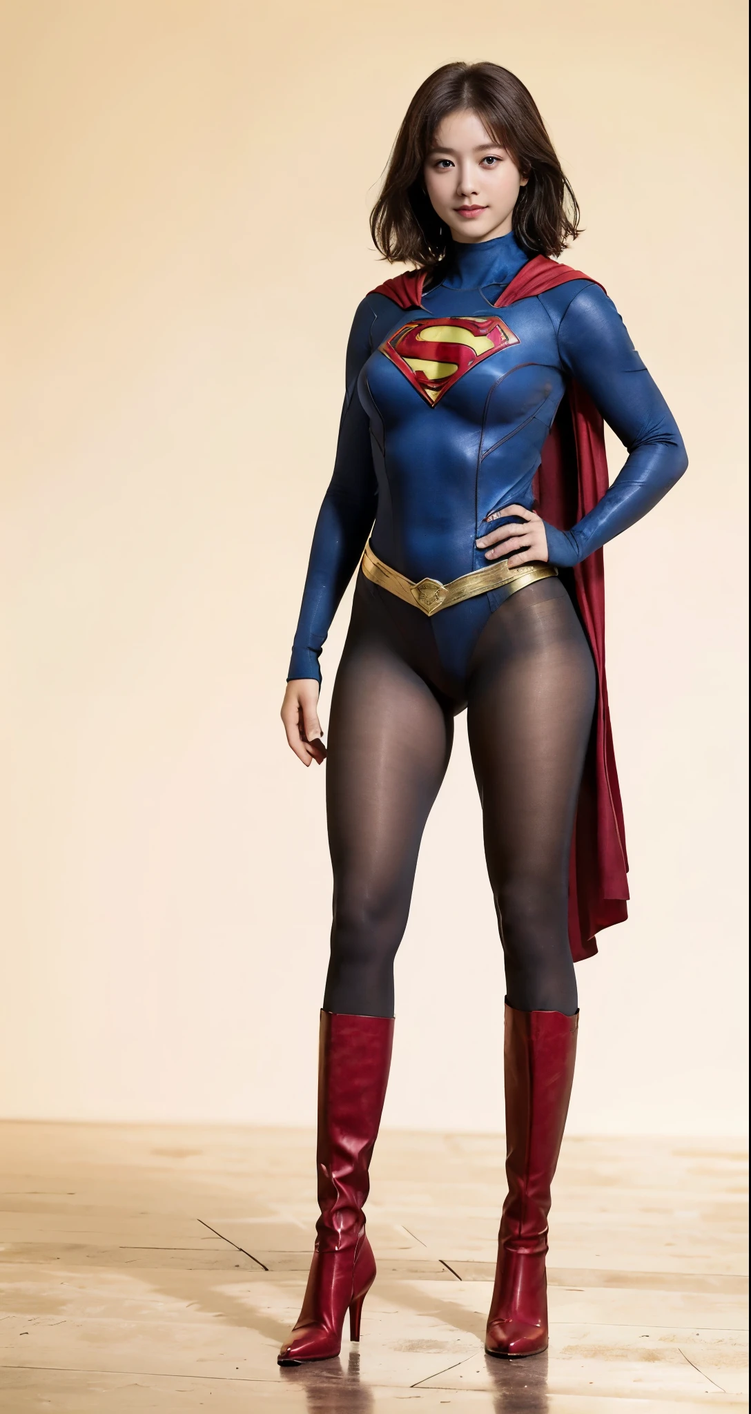 No background、(((Beautiful legs in black tights.)))、(((Legally express the beauty of your smile)))、((((Make the most of your original images)))、(((Supergirl Costume)))、(((Beautiful very short hair)))、(((suffering)))、(((Please wear black tights....、Wear red boots)))、((Best image quality、8K))、((Highest quality、8K、masterpiece:1.3))、(((Preserve background )))、Sharp focus:1.2、Beautiful woman with perfect figure:1.4、Slim Abs:1.2、Wet body:1.5、Highly detailed face and skin texture、8K