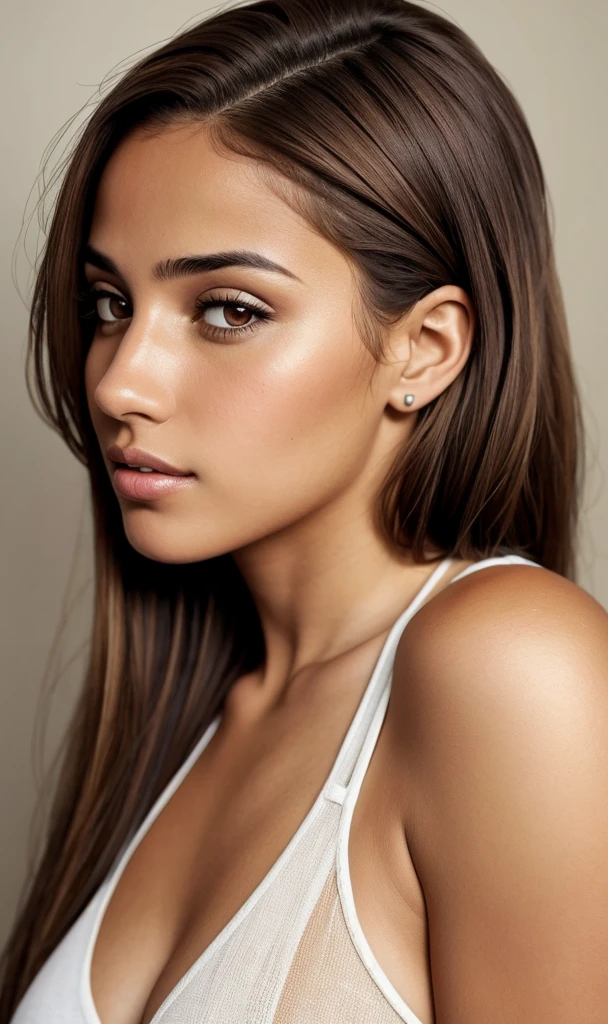 Young argentinian woman, light skin tone, sexy, tied hair, front facing, realistic photo, skin defects, brown hair