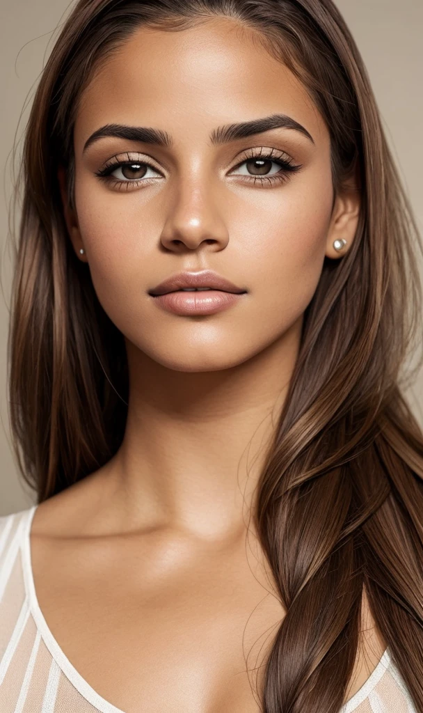 Young argentinian woman, light skin tone, sexy, tied hair, front facing, realistic photo, skin defects, brown hair