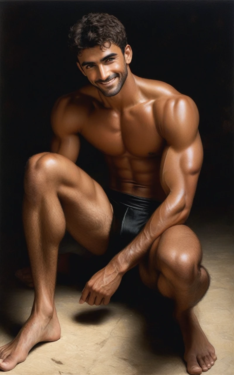 ((1 man wearing small black loincloth, sitt on THE FLOOR with his legs up, showing his hairy ass in a complete negative black space, smiling, focused gaze)) in henry scott tuke and Peter Paul Rubens art style, ultra detailed, ultra realistic, ambient lighting, becoming the subject composition, soft neutral colors, perfect components layout, divine proportions, wide angle, fullbody, in henry scott tuke art style, ultradetailed, ultrarealistic, 8k resolution, HD, A 47 years old man, latino, cinnamon skin, thin face, straight nose, thin lips, square chin, large black eyes, short black, wavy hair, in roberto ferri style, aesthetic slim athletic body, very tall, latino, realistic skin, gorgeous, realistic detailed tonned muscles, barefoot, perfect anatomy, muscled fitness body, 195cm tall, realistic skin, skinny realistic detailed muscles, ((detailed feet), detailed hands, detailed faces, young man he is sad, sitting on the floor swith his legs up, showing his hairy ass, masterpiece, pricewinner, madoka_magica ((background black negative space)
