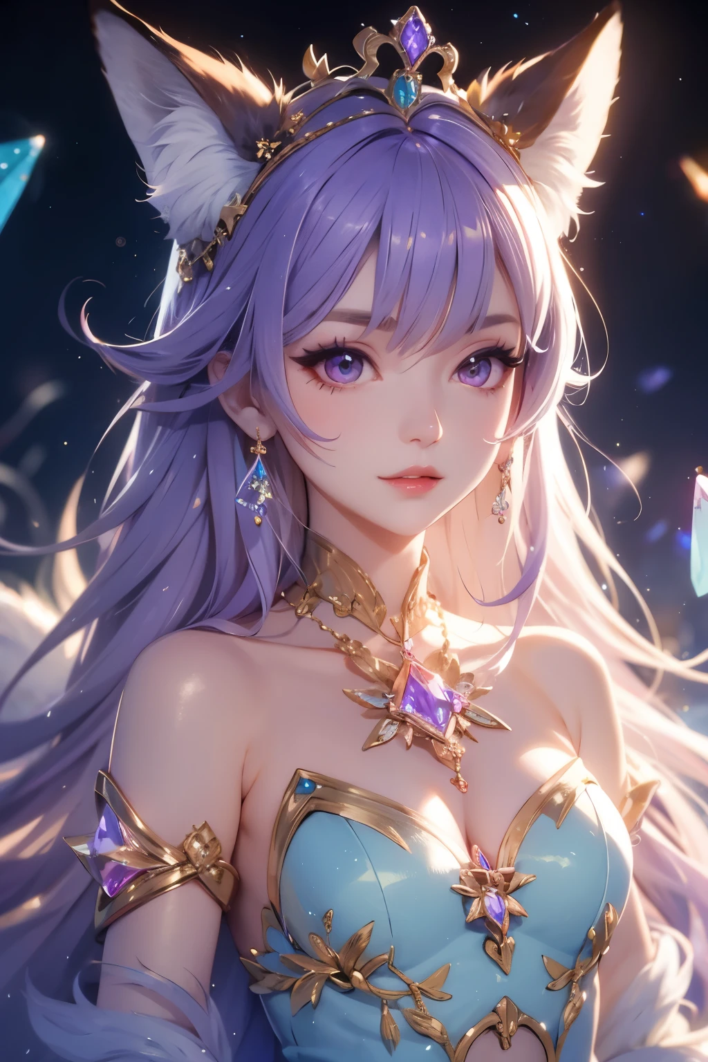 female humanoid fox wearing a crystal crown, long light purple hair, fox ears, and crystallized gemstone foxtails