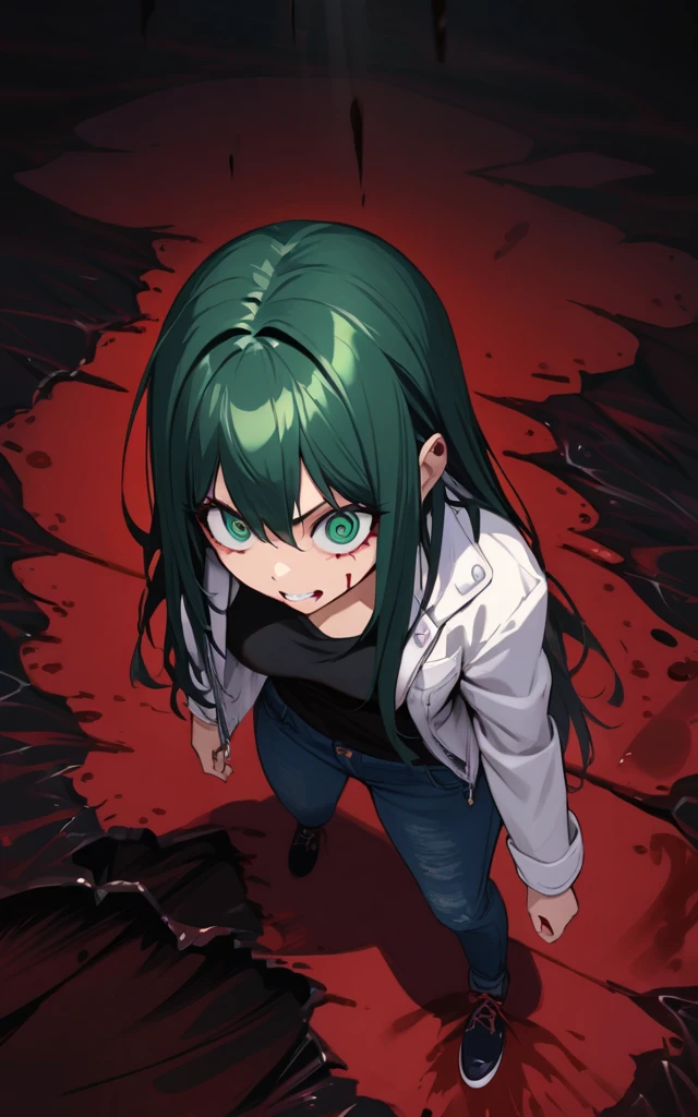 (masterpiece)、(absurdres)、(ultra detailed),Crazy Eyes、despair、Dark Side、closed mouth,Blood droplets、darkness,Blood pool space、Blood dripping background:1.3、(dark green hair)、(solo girl)、(dark green eyeiddle breast:0.9、(straight long hair、(casual jacket)、(Tshirt)、(denim JEANS)、teeth,hatred,from above,depth underground,