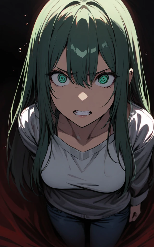 (masterpiece)、(absurdres)、(ultra detailed),Crazy Eyes、despair、Dark Side、closed mouth,Blood droplets、darkness,Blood pool space、Blood dripping background:1.3、(dark green hair)、(solo girl)、(dark green eyeiddle breast:0.9、(straight long hair、(casual jacket)、(Tshirt)、(denim JEANS)、teeth,hatred,from above,depth underground,