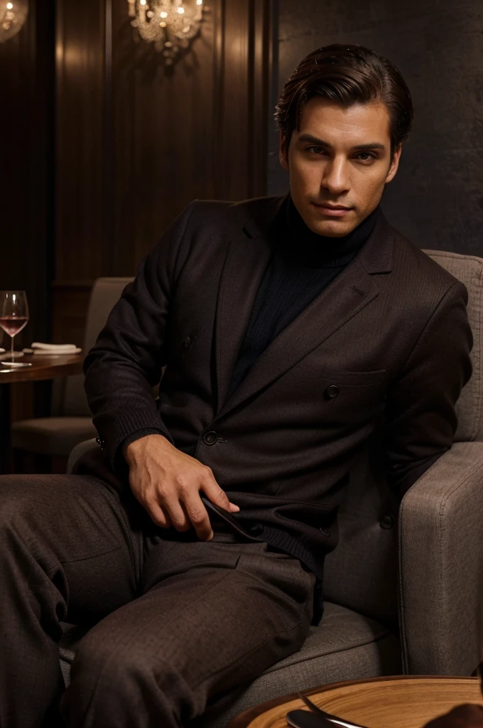 A stylish man, dressed in a dark burgundy wool coat over a light grey cashmere sweater, paired with navy blue tailored trousers and brown leather dress shoes. He is sitting at a high-end restaurant in Rio de Janeiro, with modern decor and an elegantly set table. One side of the image is left clear for text placement. His posture is relaxed yet poised, with a glass of wine in hand and a confident expression. The image should convey sophistication, exclusivity, and the luxurious experience of a Brazilian winter evening.
