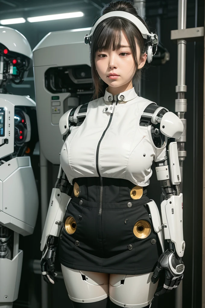 masterpiece, best quality, extremely detailed, Japaese android girl,Plump , control panels,android,Droid,Mechanical Hand, Robot arms and legs,Blunt bangs,perfect robot girl,long tube,thick cable connected her neck,android,robot,humanoid,cyborg,japanese cyborg girl ,future laboratory,robot laboratory,maintenance,connecting a cable between the legs,skirt,chubby,fat,She is charging now,(sleep mode:1.5)(closing eyes:1.5)