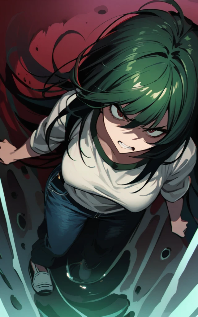 (masterpiece)、(absurdres)、(ultra detailed),Crazy Eyes、despair、Dark Side、closed mouth,Blood droplets、darkness,Blood pool space、Blood dripping background:1.3、(dark green hair)、(solo girl)、(dark green eyeiddle breast:0.9、(straight long hair、(casual jacket)、(Tshirt)、(denim JEANS)、teeth,Disgust,from above,depth underground,