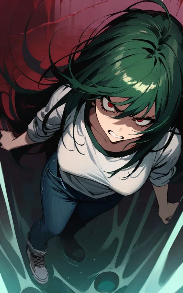 (masterpiece)、(absurdres)、(ultra detailed),Crazy Eyes、despair、Dark Side、closed mouth,Blood droplets、darkness,Blood pool space、Blood dripping background:1.3、(dark green hair)、(solo girl)、(dark green eyeiddle breast:0.9、(straight long hair、(casual jacket)、(Tshirt)、(denim JEANS)、teeth,Disgust,from above,depth underground,