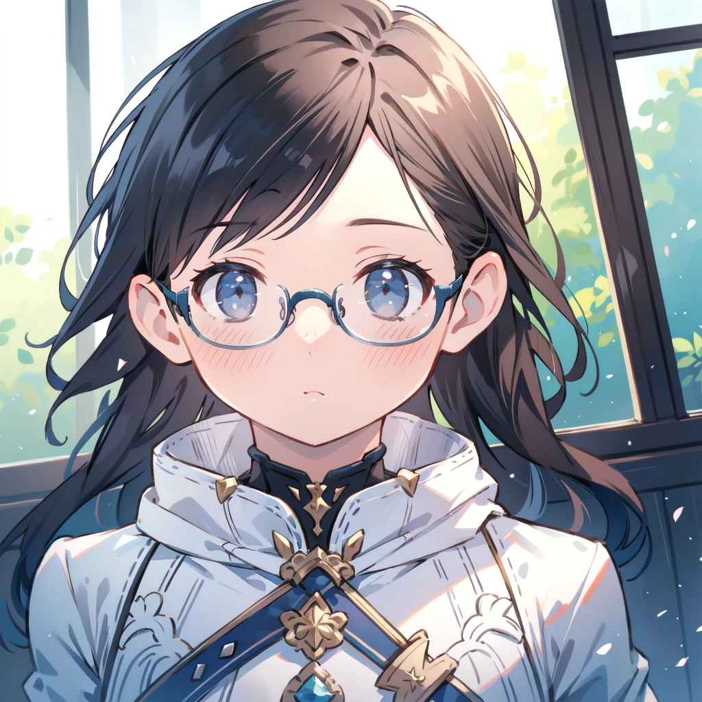 masterpiece, Portraiture, Amazingly beautiful girl, (cute:1.1), Beautiful woman face, Normal chest, Glasses, White long hair, blushing masterpiece, high quality, 最high quality, Super detailed, High resolution, (realism:1.1), photorealism, Volumetric lighting, Contrast, Depth of written boundary, Sharp focus, Absurd, Unreal Engine