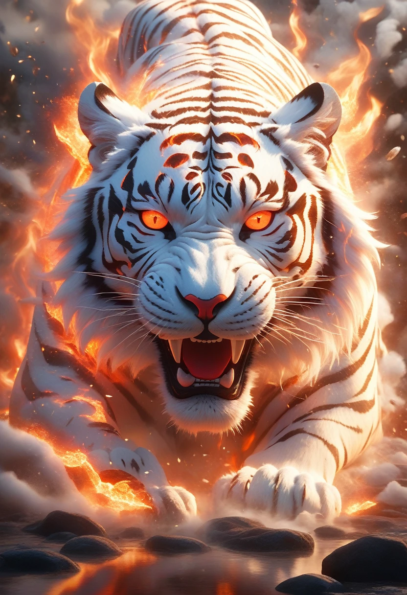 ultra realistic art,BJ_sacred_will do,looking ahead at viewer,with the mouth open,Eyes red,sem ten menss,com Lumiere brilhando,creatures,rabbit tooth,firey,Fire element,glowing light eyes,explosions,The White Tiger,ten mens,molten lava,Lumiere,strong contrast,HIGH LEVEL OF DETAIL,best quality,Masterpiece artwork,Extremely high resolution details,Photograph of,realism taken to the limit,The texture is delicate,faithful to life,Extremely high-resolution detail,like photography,realism taken to the limit,The texture is delicate,faithful to life