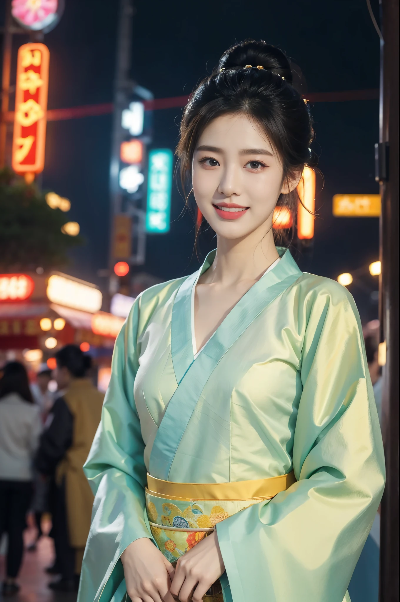 (((best quality))),(((ultra detailed))),(((masterpiece))),illustration,1girl,bun hair,see through gauze hanbok,collar,slim,flat chest,laughing, summer night,Korean city scape, street, neon signs, beautiful, vibrant, detailed facial features,medium hair, elegance, cultural atmosphere, bustling city,tall buildings full of colorful advertisements, reflections, lively atmosphere, street food aroma