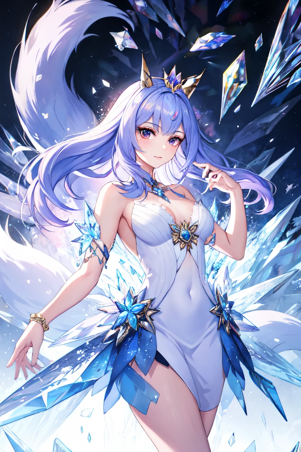 female humanoid fox wearing a crystal crown, long light purple hair, fox ears, and crystallized gemstone foxtails