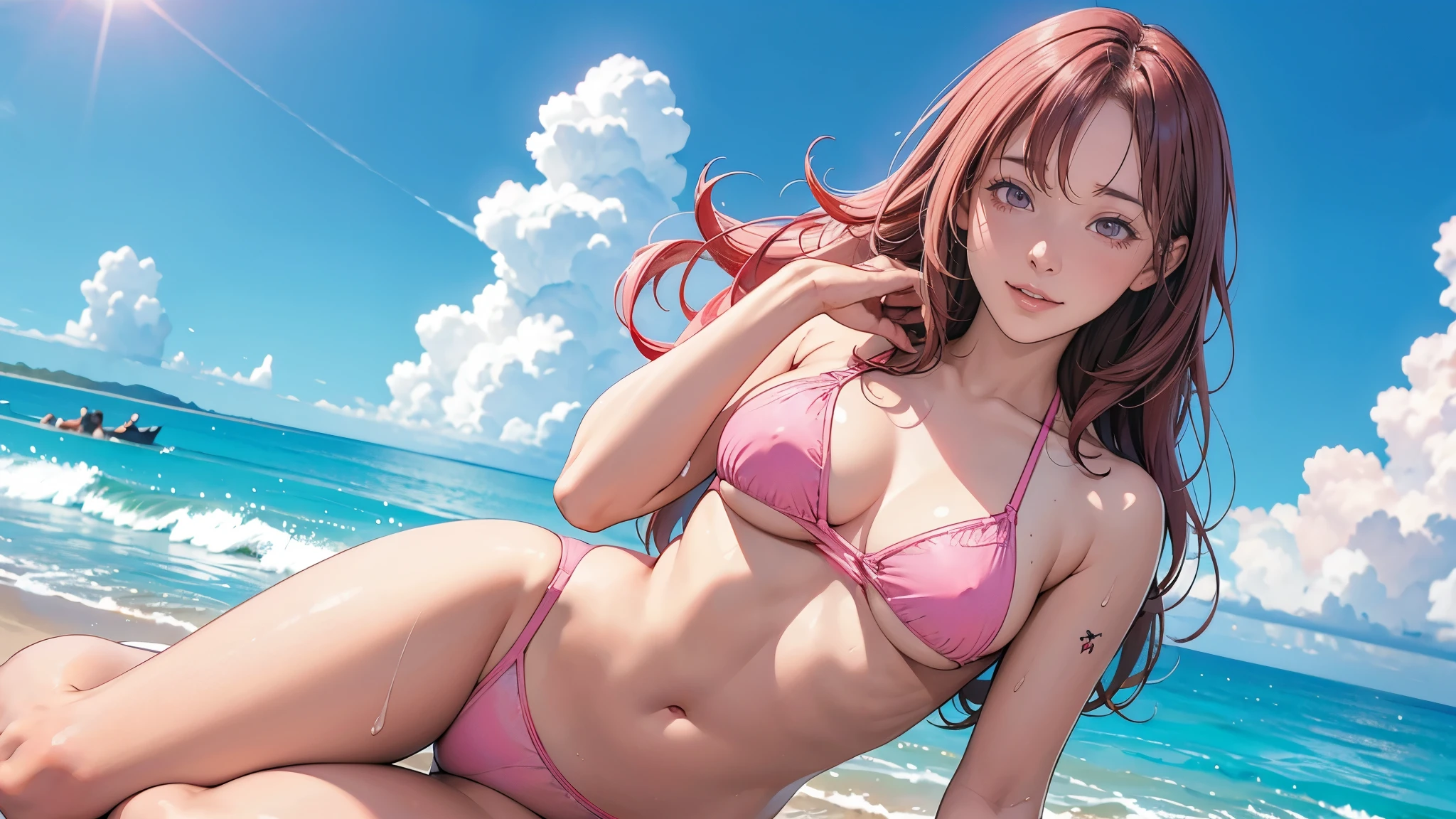 Ultra HD、super high quality、masterpiece、detailed、8K、The location is the beach、The Sunshine、Flowing Clouds、Calm waves、A 15-year-old high school girl is sweating、The high school girl is Russian and has long pink hair.、Have pink eyes、She has a flower tattoo and a glamorous figure.、She is wearing a cute pink bikini with frills.、Pretty sexy