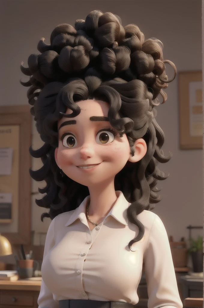 And create a woman with big, not-so-big curly hair on top of black hair and a cool blouse.