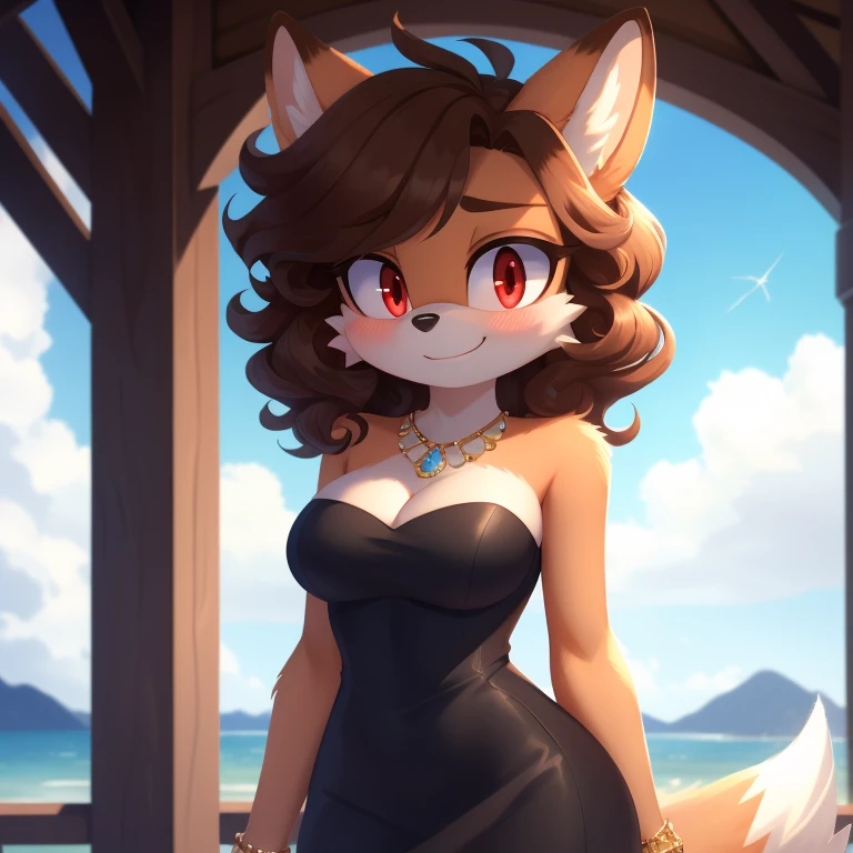 mobian, hedgehog, two-tone fur ((orange fur, brown fur)), strapless tight dress, cleavage, two-tone hair (brown hair, black tip)), curly hair, halo, sunglasses, jewelry, red eyes, longeyelashes, red eyes, smile, shy, blush, high detail, masterpiece, UHD, anatomically correct, super detail, highres, 4K