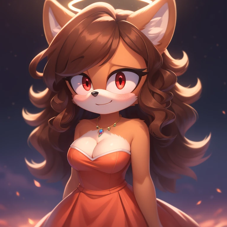 mobian, hedgehog, two-tone fur ((orange fur, brown fur)), strapless tight dress, cleavage, two-tone hair (brown hair, black tip)), curly hair, halo, sunglasses, jewelry, red eyes, longeyelashes, red eyes, smile, shy, blush, high detail, masterpiece, UHD, anatomically correct, super detail, highres, 4K