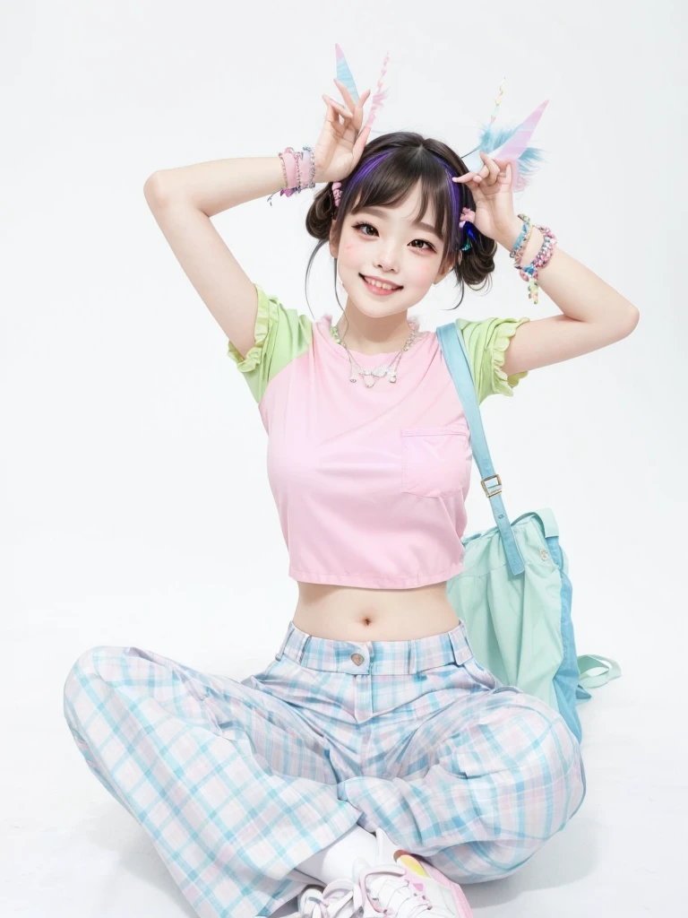 araffe girl in pink blouse and blue plaid pants sitting on the floor, Beautiful Delfina, camisa kawaii e jeans, kawaii fun pose of a dancer, cute colorful adorable, inspired decor, kawaii rainbow decoration, kawaii style, Aya Takano's Cor Style, roupas jpop, colorful clothes, Chiho, y2k style, y2k style