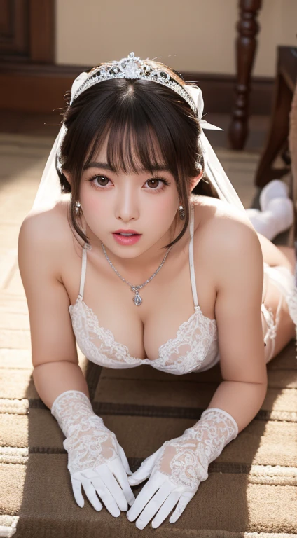 Best image quality、8K、Ultra-high resolution:1.5、Japanese、woman、Delicate eyes、Sensitive face、Attractive face、chandelier、naked、On all fours、Butt facing the camera、Close your legs、whole body、White garter belt、tiara、necklace、White long lace gloves、Earrings、diamond