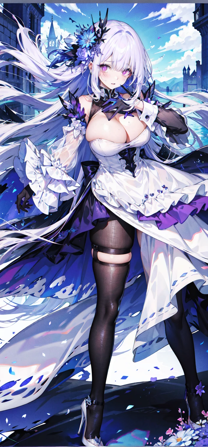 （（masterpiece：1.4，best quality）），（Super detailed），（Extremely detailed eyes），（Shiny socks：1.5），Hello Darkness
（Cute girls），15 years old，（Blood-red pupils，Diamond-shaped pupil：1.15），Purple Eyeshadow，（elongated hair，Thick hair，Single ponytail，shiny hair：1.5）（Changes through：1.2），despair，sad，Empty eyes，tears streaming down my face，tilting its head to the side，
（She wore a blue dress，：1.5），（Black gloves：1.4）Very long plush sleeves，White，White Cloud，Dream bubbles ，Ice and glitter effects
（Black long skirt：1.1），
（（Starry Sky：1.2）），
（Intense black and white：1.16），（Depth of Field：1.4），，Intricate details，(((Detailed background，Castle in the Sky，Purple flowers by the lake)))，(((， ，Deep ，White stiletto high heels， clothes)))