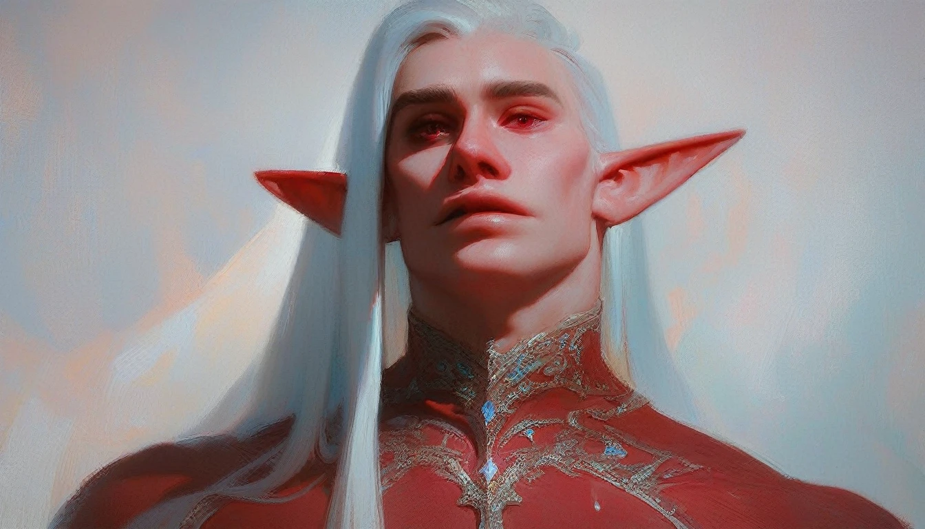 score_9, score_8_up, score_7_up, angled view from below, hyperdetailed, absurdres, highres, male elf with very long white hair, high cheekbones, beautiful face, scarlet clothes, exquisite clothes, close to face, portrait, oil painting